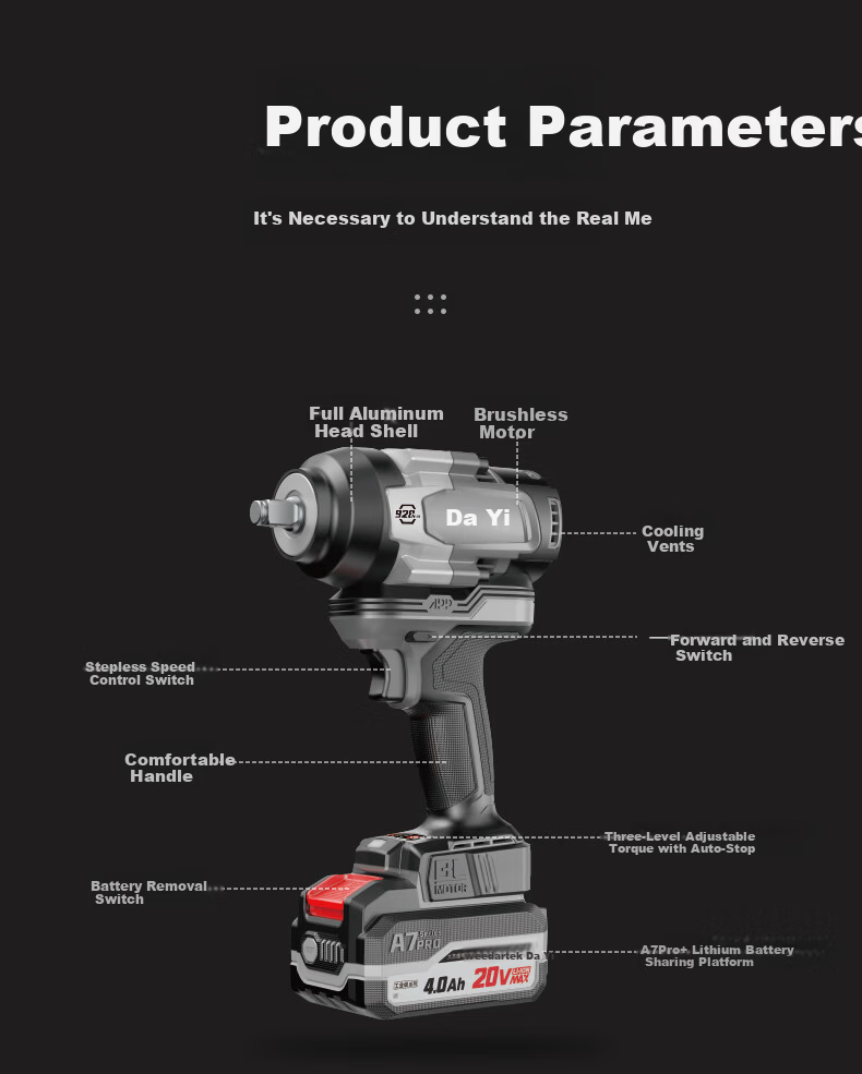 Dayi Electric Wrench High Torque 928N Industrial Grade 20V Lithium Battery Brushless Impact Wrench A7Pro928 Bare Tool 18