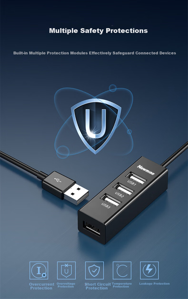 Newmine USB 2.0 High-Speed 4-Port HUB Splitter USB Expansion Dock Extension Cable Converter for Laptop Desktop Approx. 0.25m Black 9