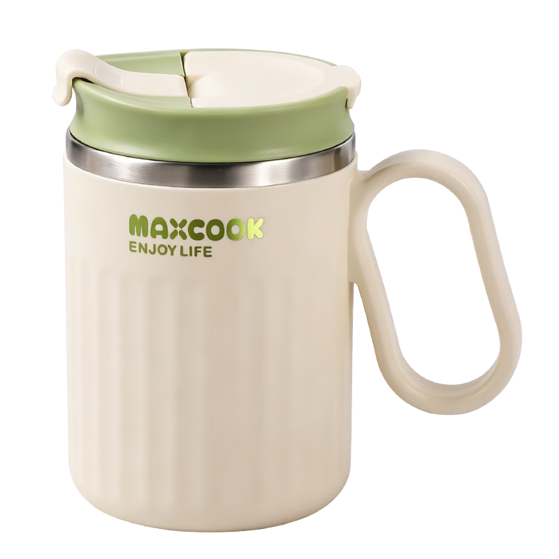 MAXCOOK 316L Stainless Steel Mug with Lid and Spoon, Office Cup, Household Breakfast Cup 520ml, Tender Green