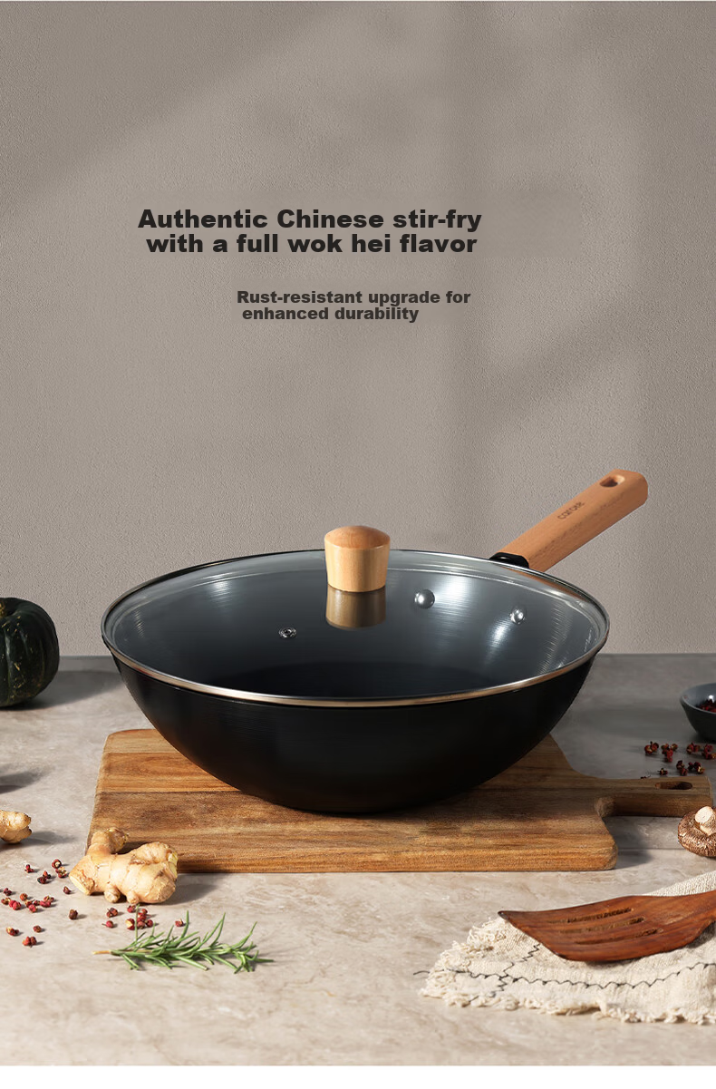 Carote Iron Wok, Home Cooking Pan, Non-Coated Non-Stick Pan, Suitable for Induction And Gas Stoves, Traditional Style, 32cm with Lid 1