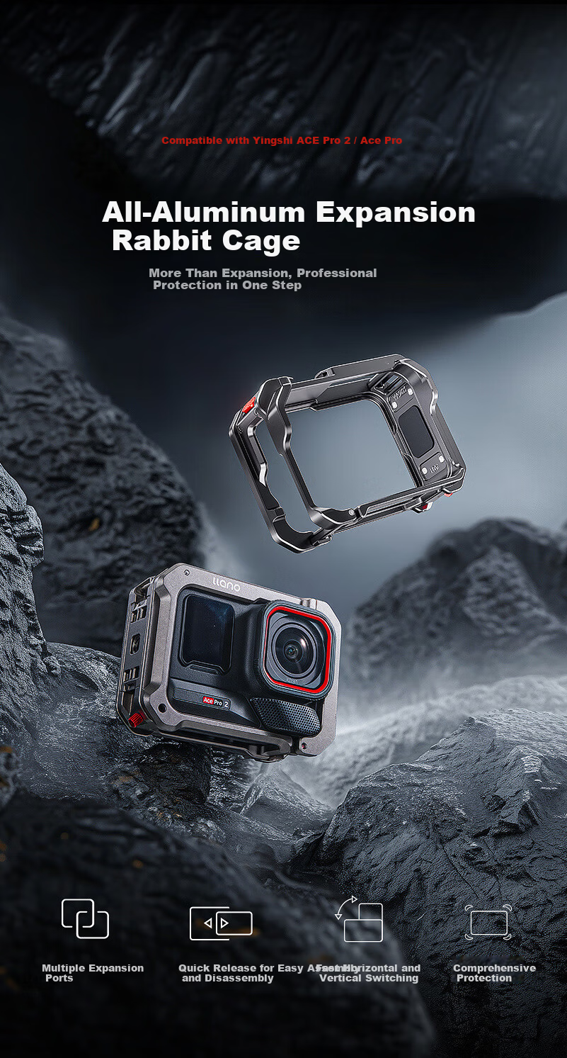 Llano Insta360 Ace Pro 2 Cage Protective Frame Full Coverage Shockproof Quick Release Vlog Photography Expansion Accessory for DJI Vertical and Horizontal Shooting 1