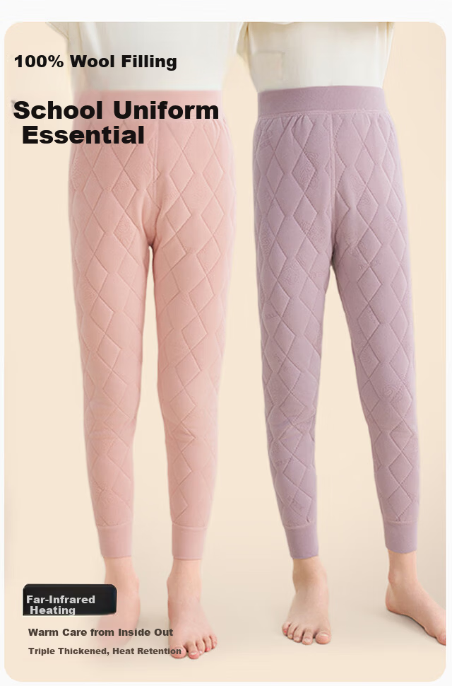 XUEXIMAN Kids Thermal Underwear Autumn Winter Thickened 100% Wool Lined Warm Pants Girls School Uniform Essential 1