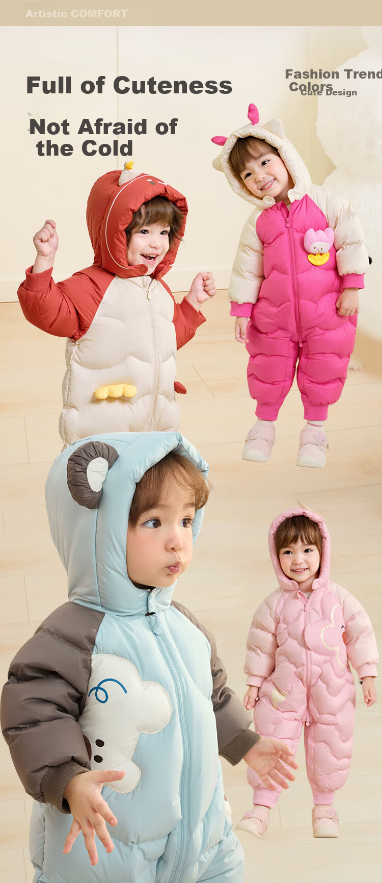 Balabala Baby Down Jumpsuit Romper Infant Winter 2025 Cute Boys Girls Clothing 3