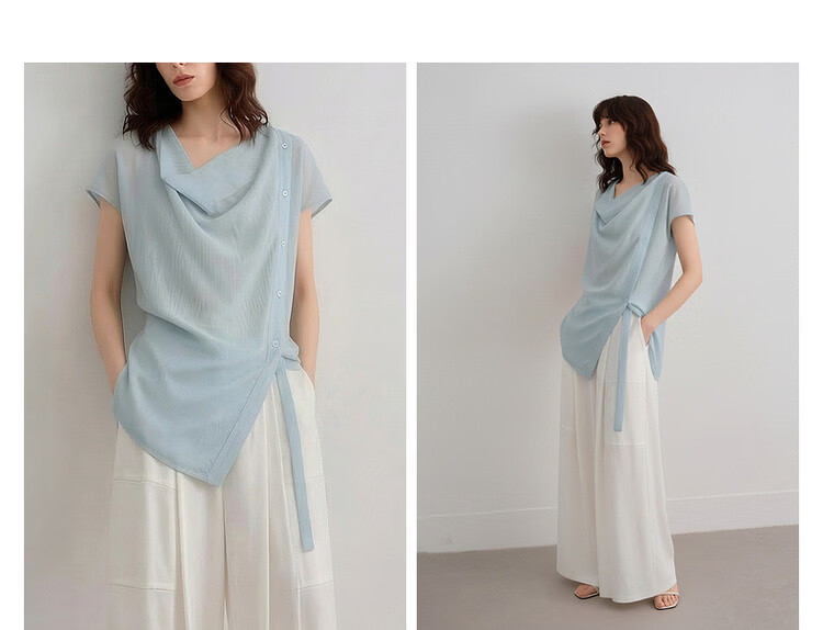 Demana [Translucent Aesthetics] Summer Draped Collar Adjustable Strap Shoulder Short Sleeve Lightweight Loose Slimming Women's Shirt 5