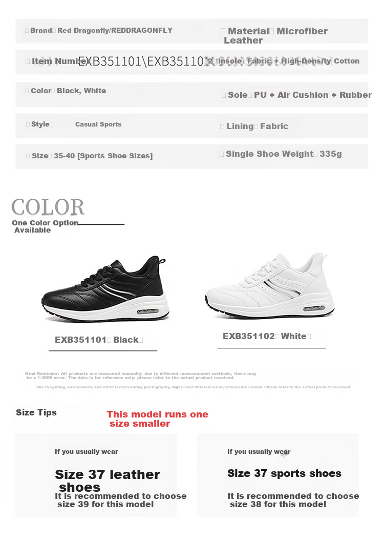Red Dragonfly Women's Lightweight Shock-Absorbing Casual Shoes Durable Outdoor Fashion Sports White Sneakers EXB351101 Black Size 38 8