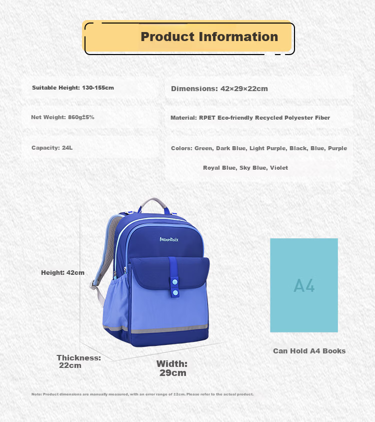 MoonRock Primary School Children's Ergonomic Backpack for Grades 3-5 Boys and Girls Large Capacity Dark Blue 10