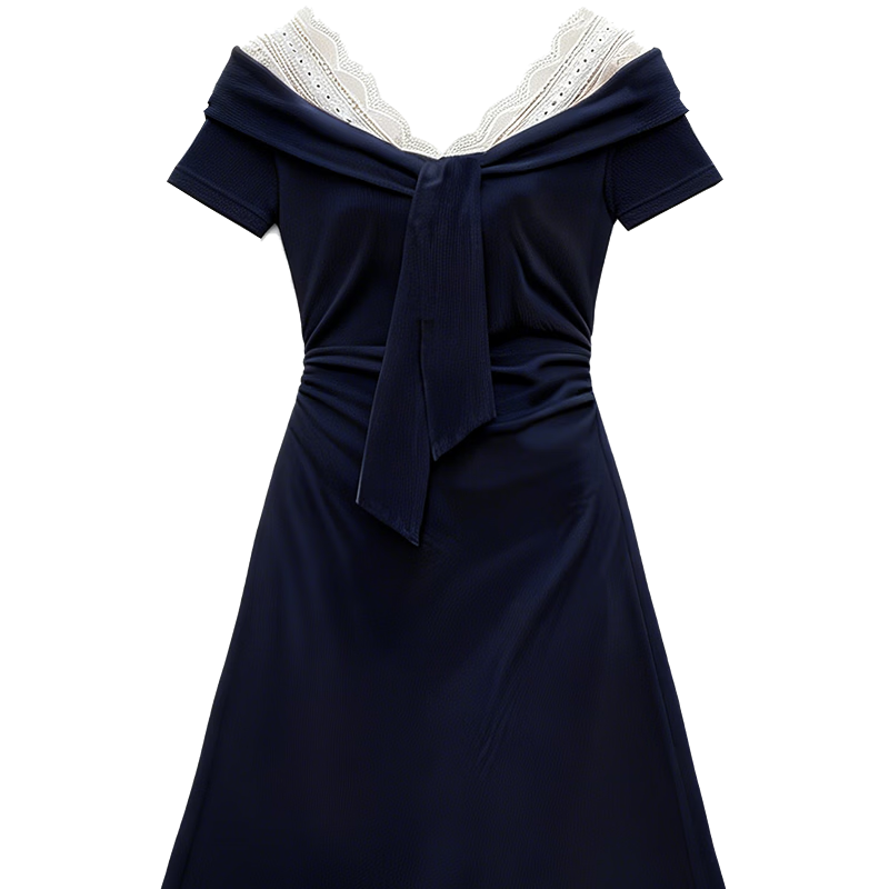 Demana [Seaside Holiday] Summer V-Neck Tie Lace Trim Ruffled Waist Slim Fit Dress for Petite Women