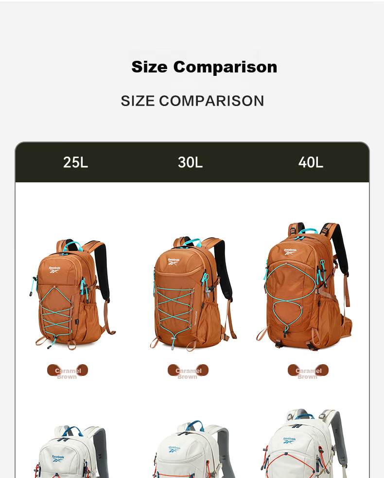 Reebok Large Capacity Hiking Backpack Women Lightweight Sports Outdoor Travel Laptop School Bag Men Caramel 40L 22