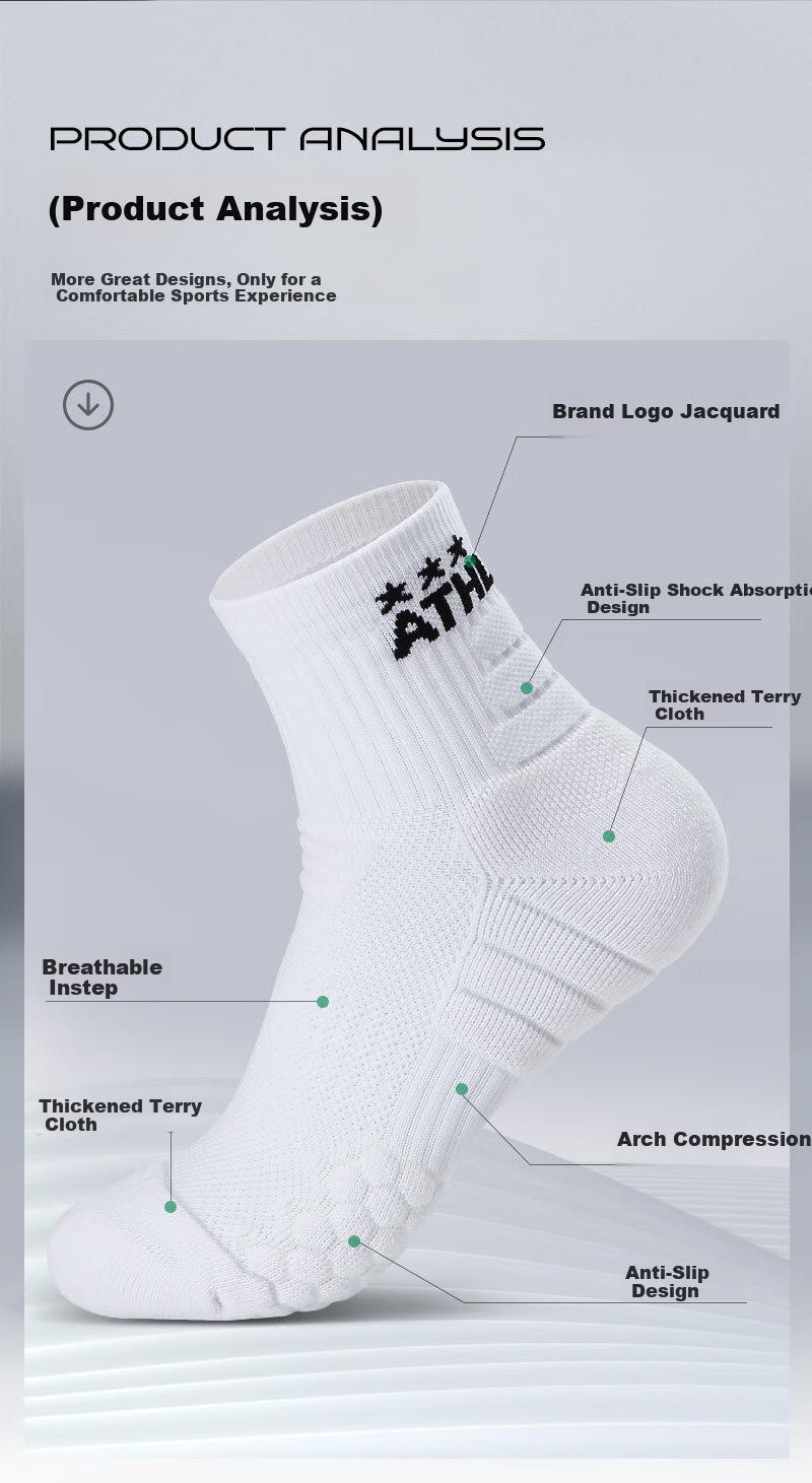 ATHLETA Sports Socks Unisex Running Training Sweat-Absorbent Terry Sole Professional Sports Socks White [Size 42-44] 3