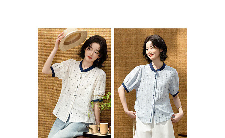 Demana Oxygen Linen Summer Fresh Plaid Color-Block Stand Collar Short Sleeve Loose Slim Women's Shirt 4