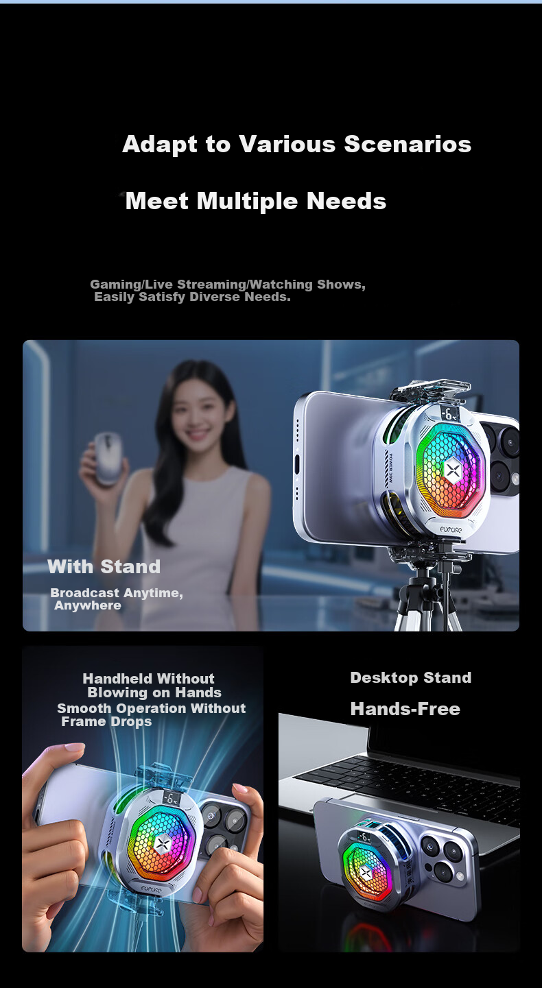 Future Series 30W Magnetic Phone Cooler FX6 RGB Lighting Gaming Live Streaming Semiconductor Cooling Clip Cooler Compatible with Tablets Apple 17 iPad Xiaomi Red Magic iQOO 12