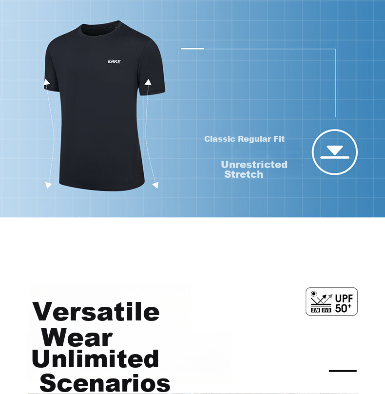 Erke Men's Summer New UPF50+ Sun Protection Sports Outdoor Casual Crew Neck Short Sleeve Solid Color T-Shirt 14