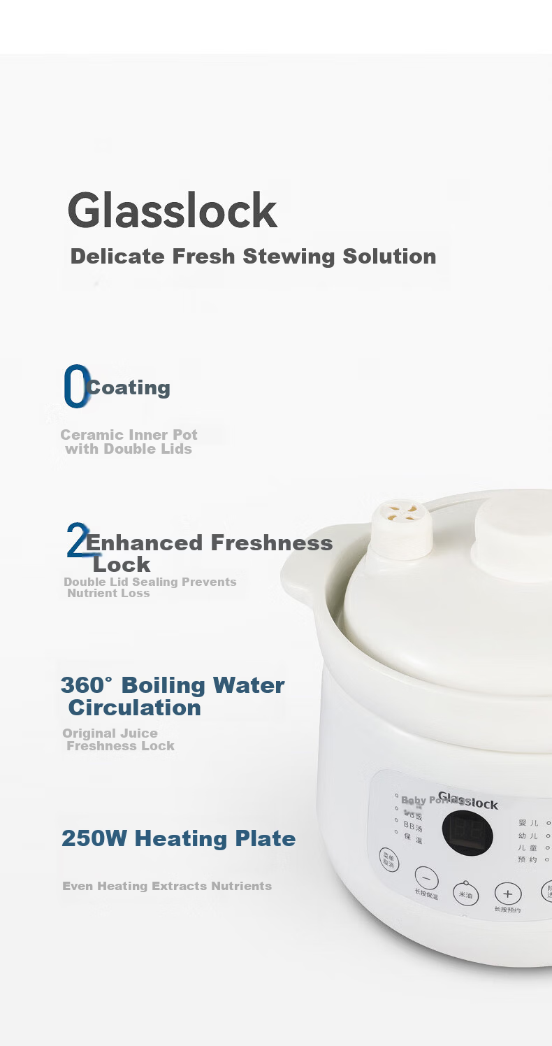 GLASSLOCK 1.8L Glass Electric Stew Pot, Non-Coated, Heavy Metal-Free, Split Micro-Pressure Baby Food Cooker, Slow Cooking Electric Pot, Multifunctional Cooker 7