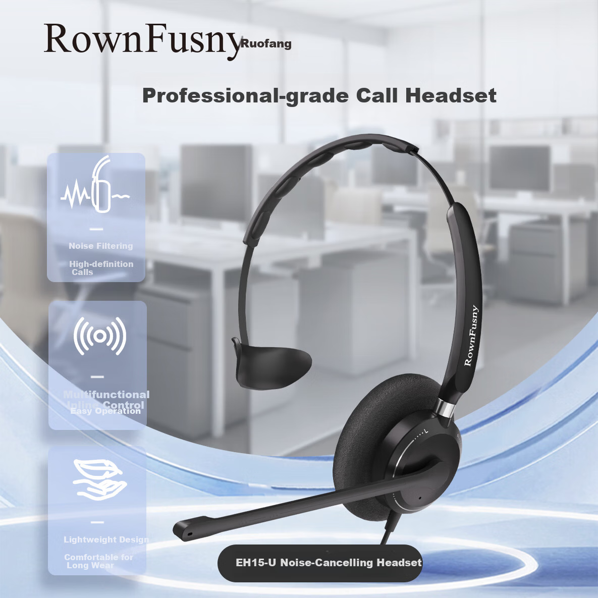 RownFusny EH15 USB Single-Ear Dual-Mic Noise-Cancelling Headset for Call Center Business Office