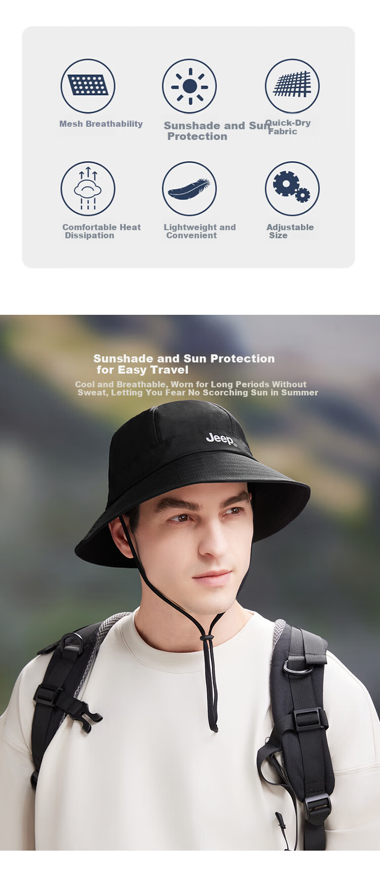 JEEP Men's Sun Protection Bucket Hat Fishing Hiking Outdoor Summer Cap Dark Blue Black 2