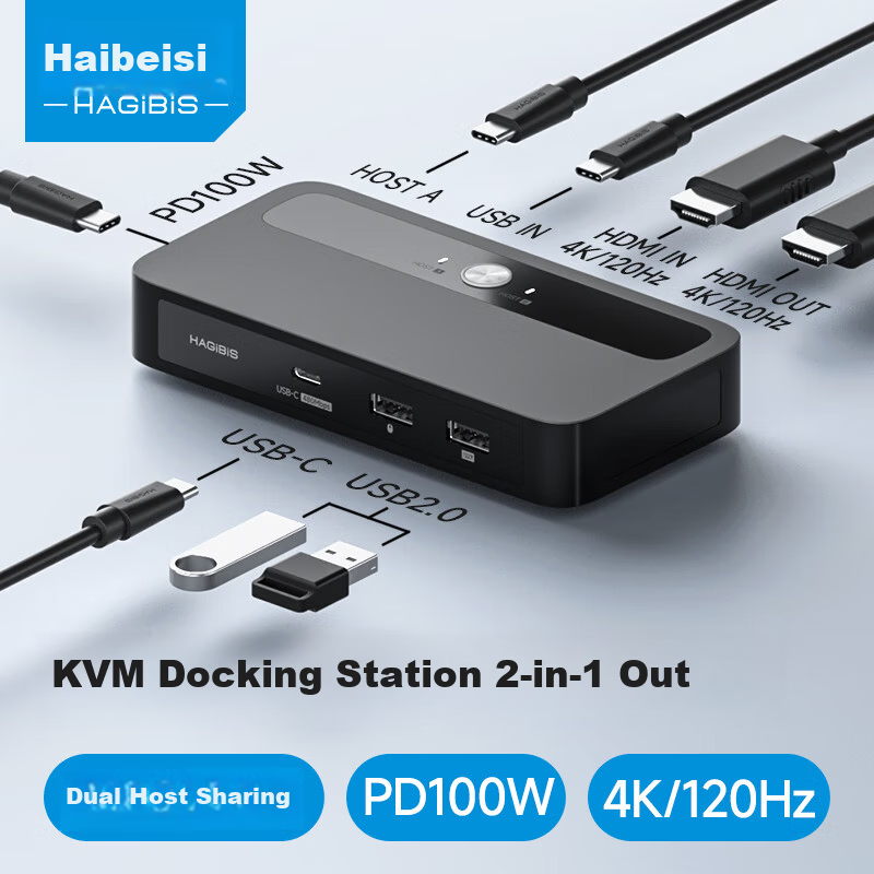 Haibeisi KVM Switch 2-in-1 Out Type-C Docking Station USB Keyboard Mouse HDMI Display Sharing Switcher for Switch2 Laptop Dual Host