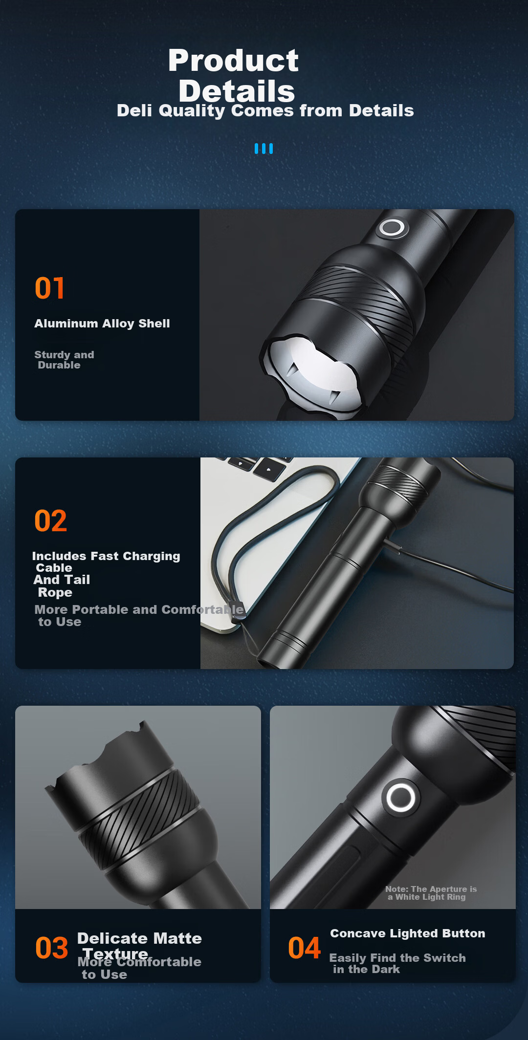 Deli Zoomable Flashlight High Brightness Long Battery Life Waterproof Rechargeable Outdoor Emergency Camping Light 15