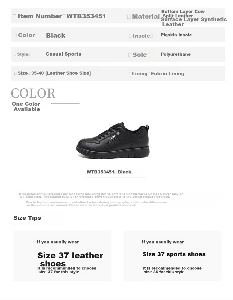 Red Dragonfly Women's Thick Sole Low-top Lace-up Casual Shoes Lightweight Comfortable Wear-resistant Sneakers WTB353451 Black Size 36 5