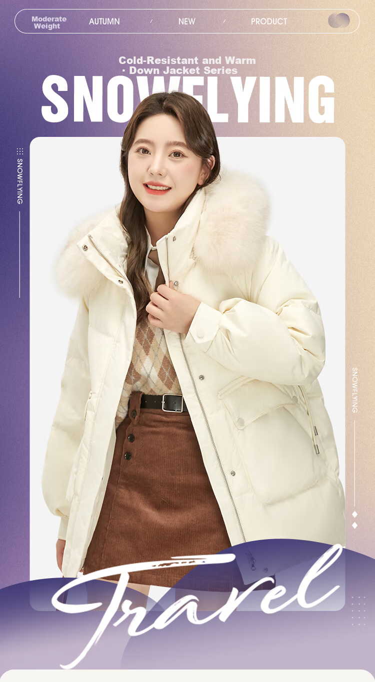 SNOWFLYING Women's Mid-Length Hooded Down Jacket with Fashionable Large Fur Collar, Casual Versatile Thickened Warm Cold-Resistant Down Coat 1