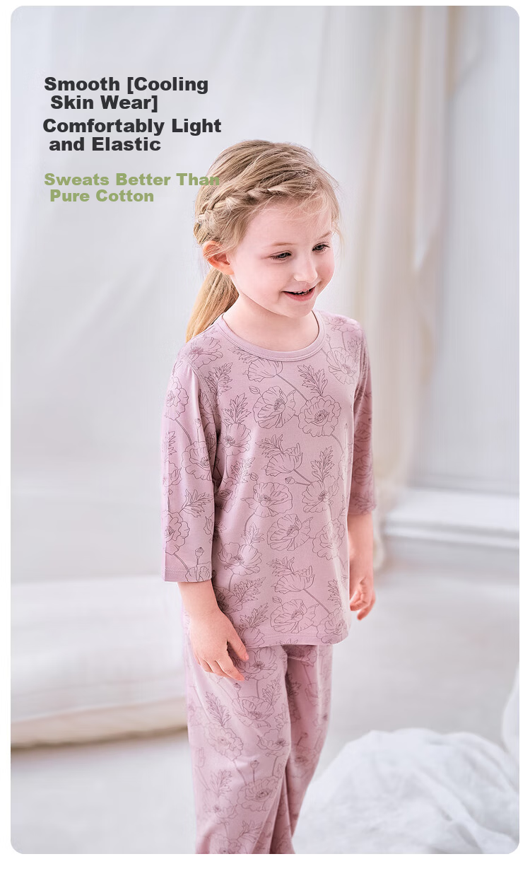 Junejunior [babylove Sub-brand] Girls' Summer Round Neck 3/4 Sleeve Pajama Set Air Conditioning Homewear 2