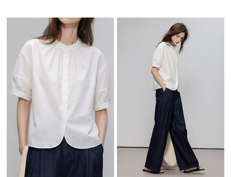 Demana [Oxygen Pure Cotton] Summer Simple Style Gathered Small Stand Collar Lantern Sleeve Curved Hem Loose Slim Women's Shirt 7