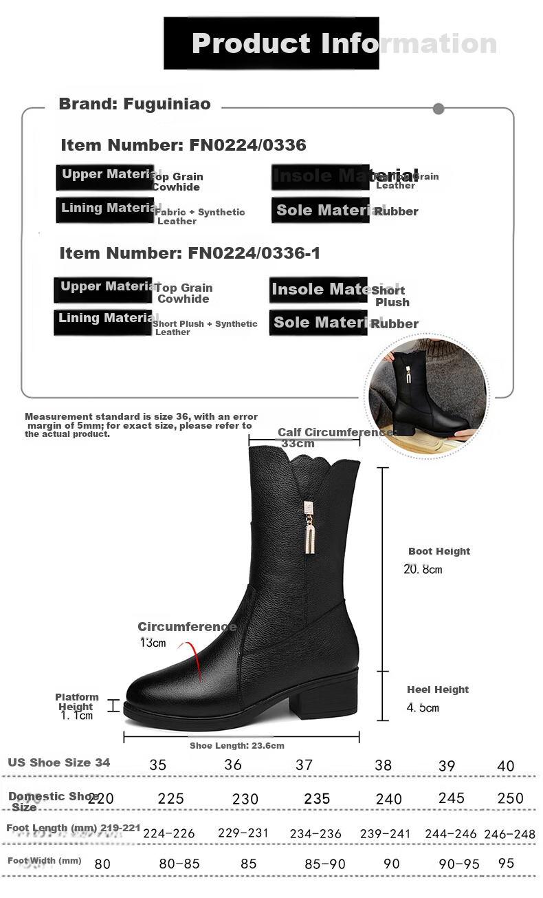FUGUINIAO Genuine Leather Cowhide Women's Ankle Boots Autumn Winter Fleece Lined Warm Round Toe Chunky Heel Mid-Calf Boots Black Short Fleece Size 39 15