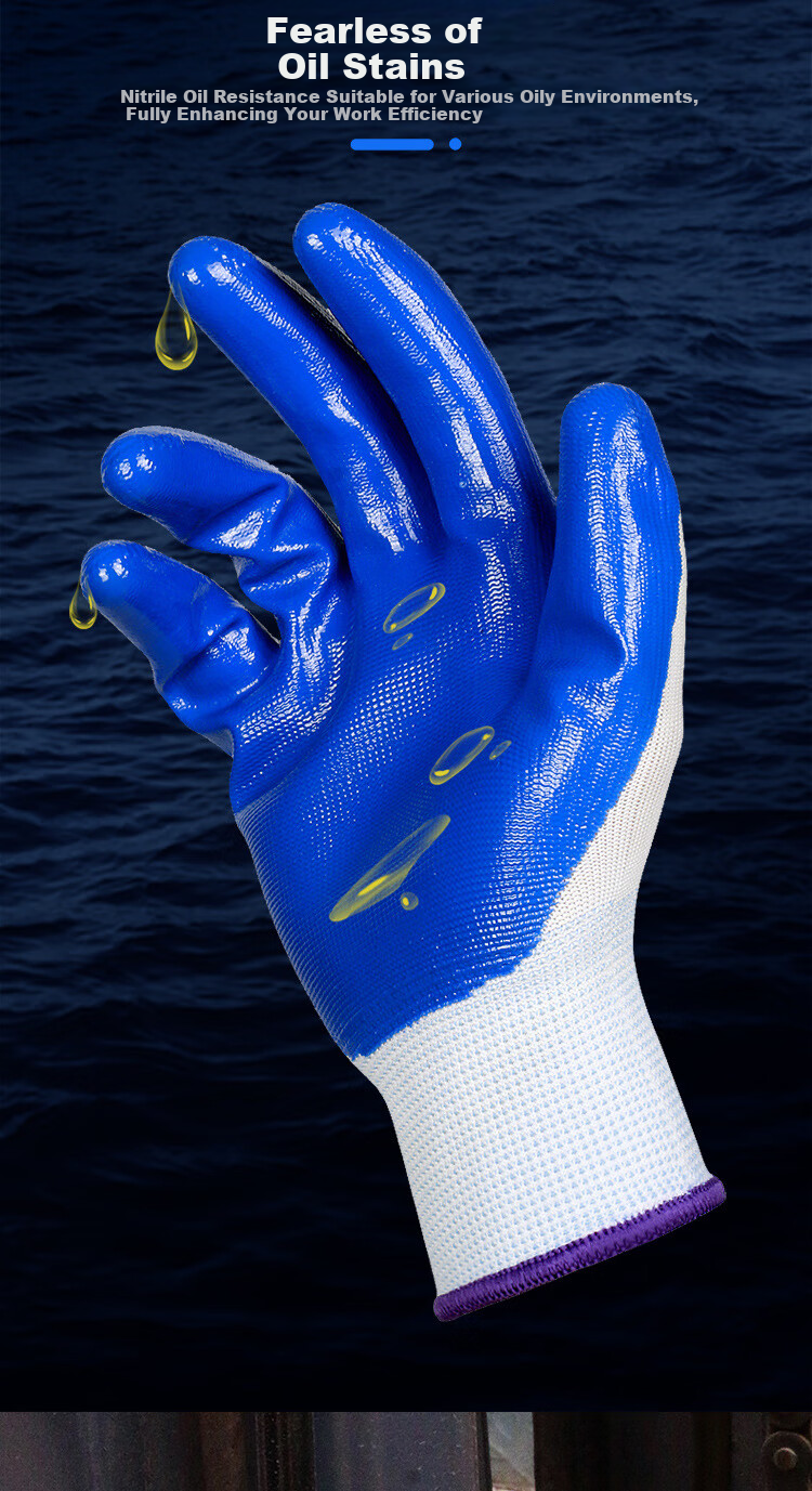 Huadun Work Gloves Labor Protection Wear-Resistant Non-Slip Nitrile Gloves Construction Work Gloves Men Oil-Resistant Corrosion-Resistant HD518 12 Pairs White Yarn Blue Standard 4