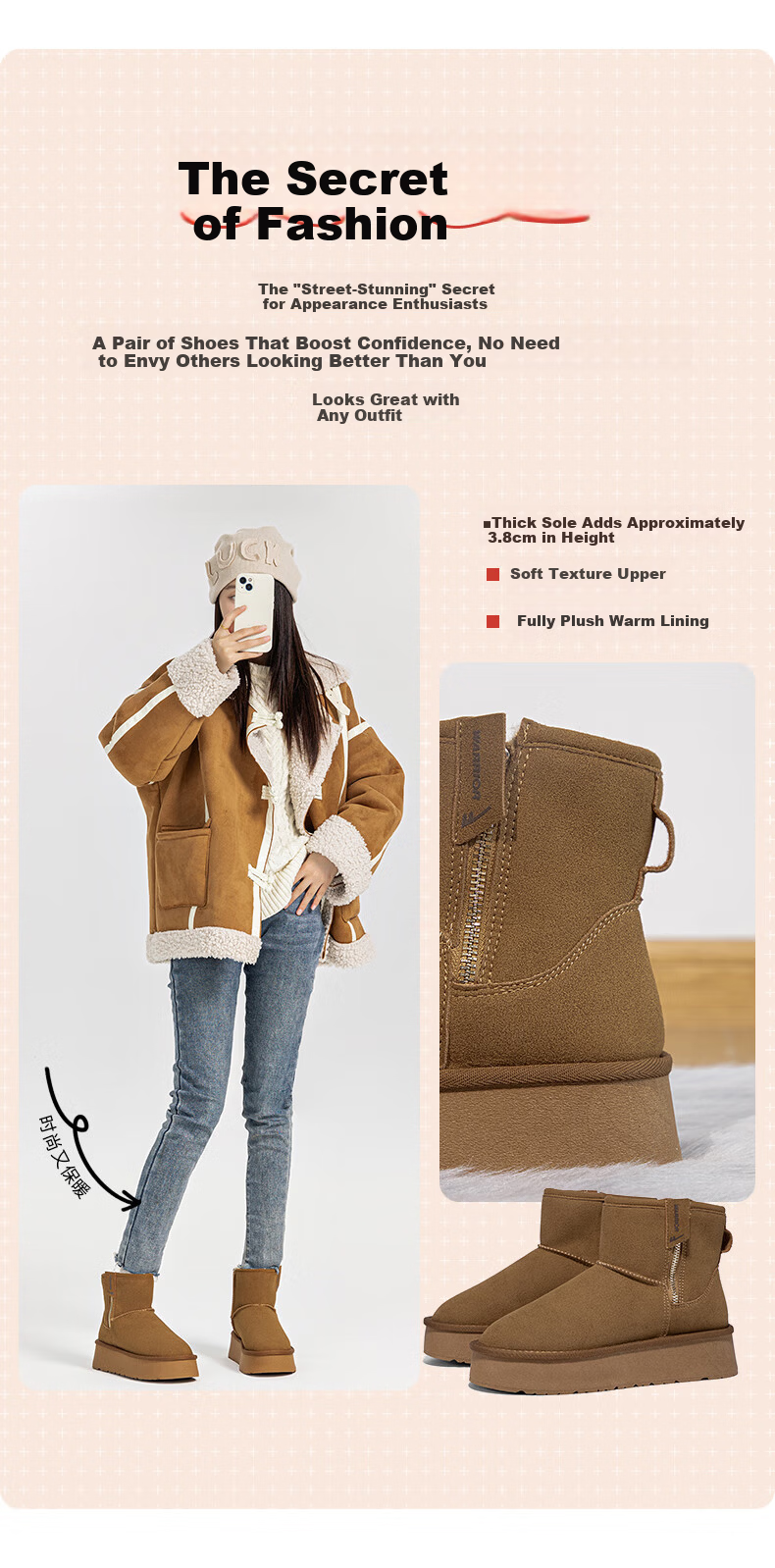 Warrior Official Women's Snow Boots 2025 Winter New Plush Thickened Warm Cotton Shoes Brown Size 36 5