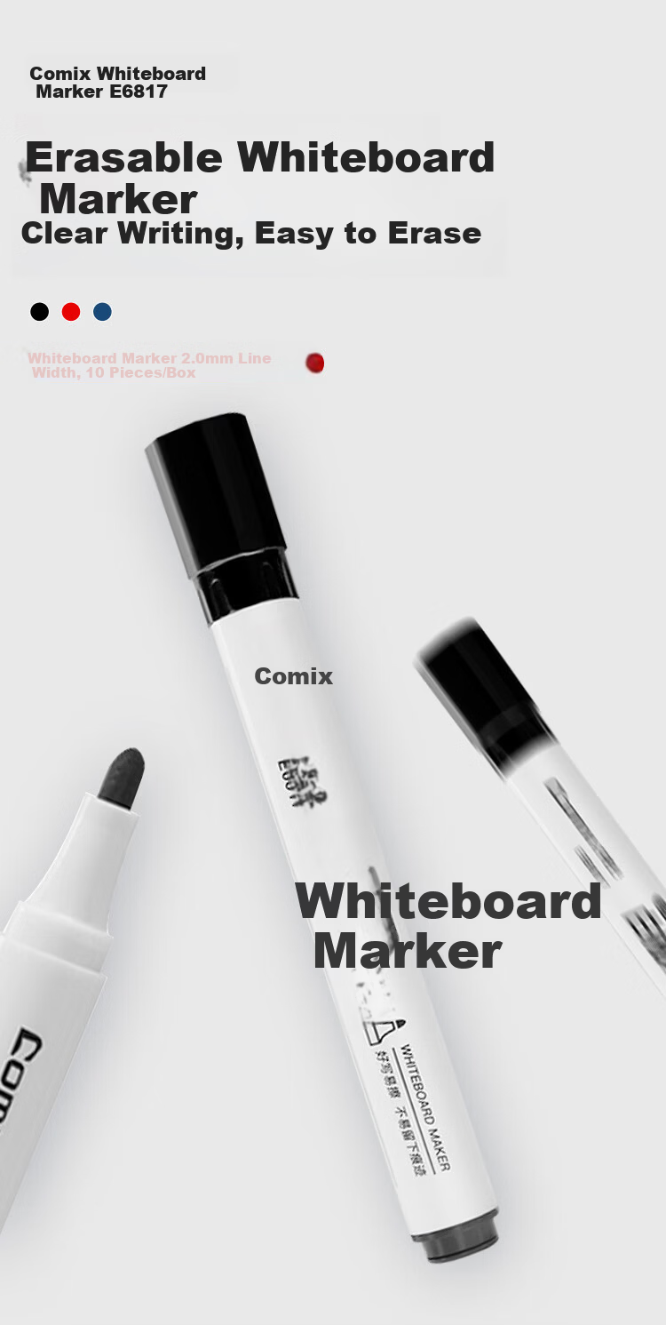 Comix Thick Tip Erasable Whiteboard Markers Durable Office Stationery Black 10pcs/Box E6817 1