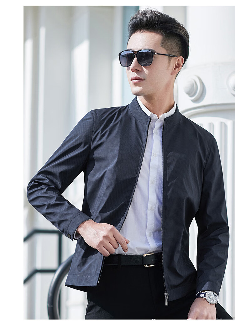 Caesar Stand Collar Jacket Men Spring Windproof Zip-up Business Casual Smooth Comfortable Commuter Coat 12