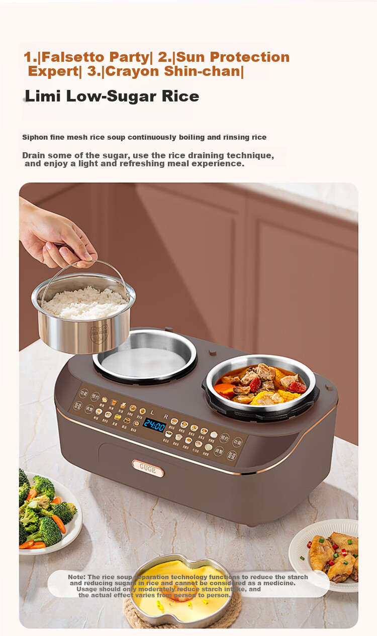 GUGE German Dual Inner Pot Rice Cooker and Pressure Cooker 2-in-1 with Dual Pot Independent Control, 304 Stainless Steel Inner Pot, Rice Soup Separation, Low Sugar, High Pressure Fast Cooking Electric 10