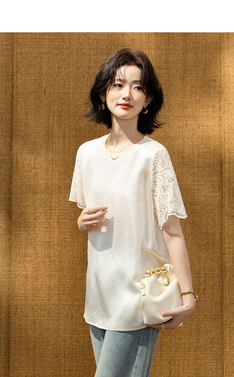 Demana [100 Acetate] Summer Glossy Lace Trim Short Sleeve Ribbed Crew Neck Loose Shirt for Women Premium Feel 5