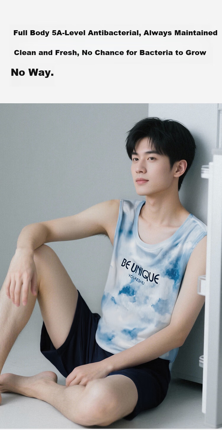Youkeshu Men's Summer Pajamas [5A Antibacterial] 100% Cotton Sleeveless Vest Set Suitable for Outdoor Wear 4