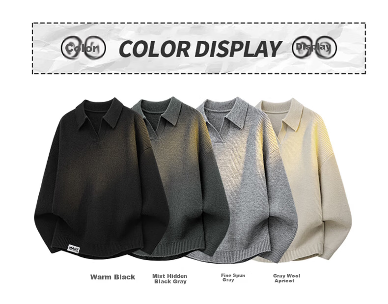 Mark Fairwhale Men's Sweater Autumn Winter Loose Fit Lapel Pullover Knitwear Youth Top Gray Apricot 2XL 3
