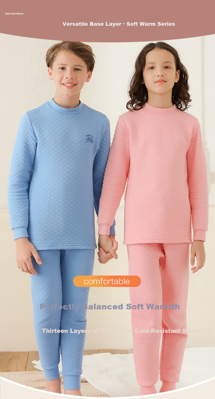 Hodohome Kids Thermal Underwear Girls' Half Turtleneck Pure Cotton Triple-Layer Quilted Thickened Air Layer Autumn Top and Bottom Set 206 Pink Size 130 1