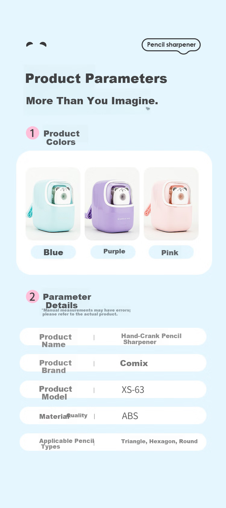 COMIX Automatic Pencil Sharpener Student Hand-Crank Alloy Steel Pencil Sharpener Cartoon Pencil Sharpener Exam Gift for Primary School Students Blue XS-63 7