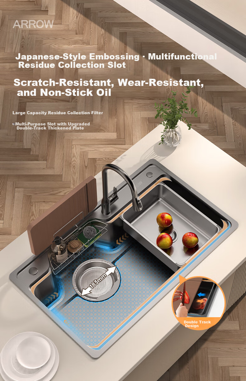 ARROW Kitchen Sink Large Single Bowl Treasure Basin Nano 304 Stainless Steel Japanese Style Undermount Dishwashing and Vegetable Washing Integrated Sink 2