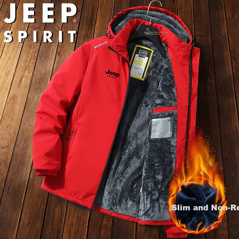 JEEP SPIRIT Jeep Cotton Padded Jacket Autumn Winter Fleece Thickened Warm Outdoor Hooded Sports Coat Black 2XL