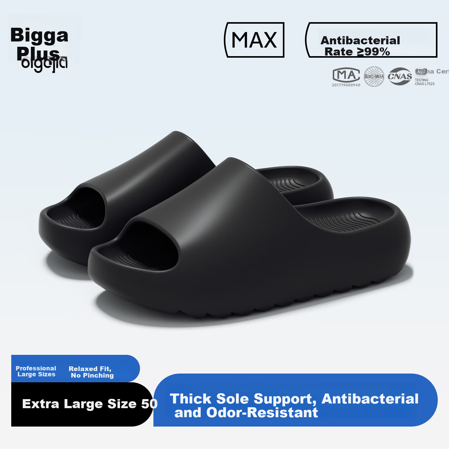 Big Cat Plus Size Men's Non-Slip Indoor EVA Bathroom Shower Slippers 4849 Extra Wide Thick Sole Black 46-47