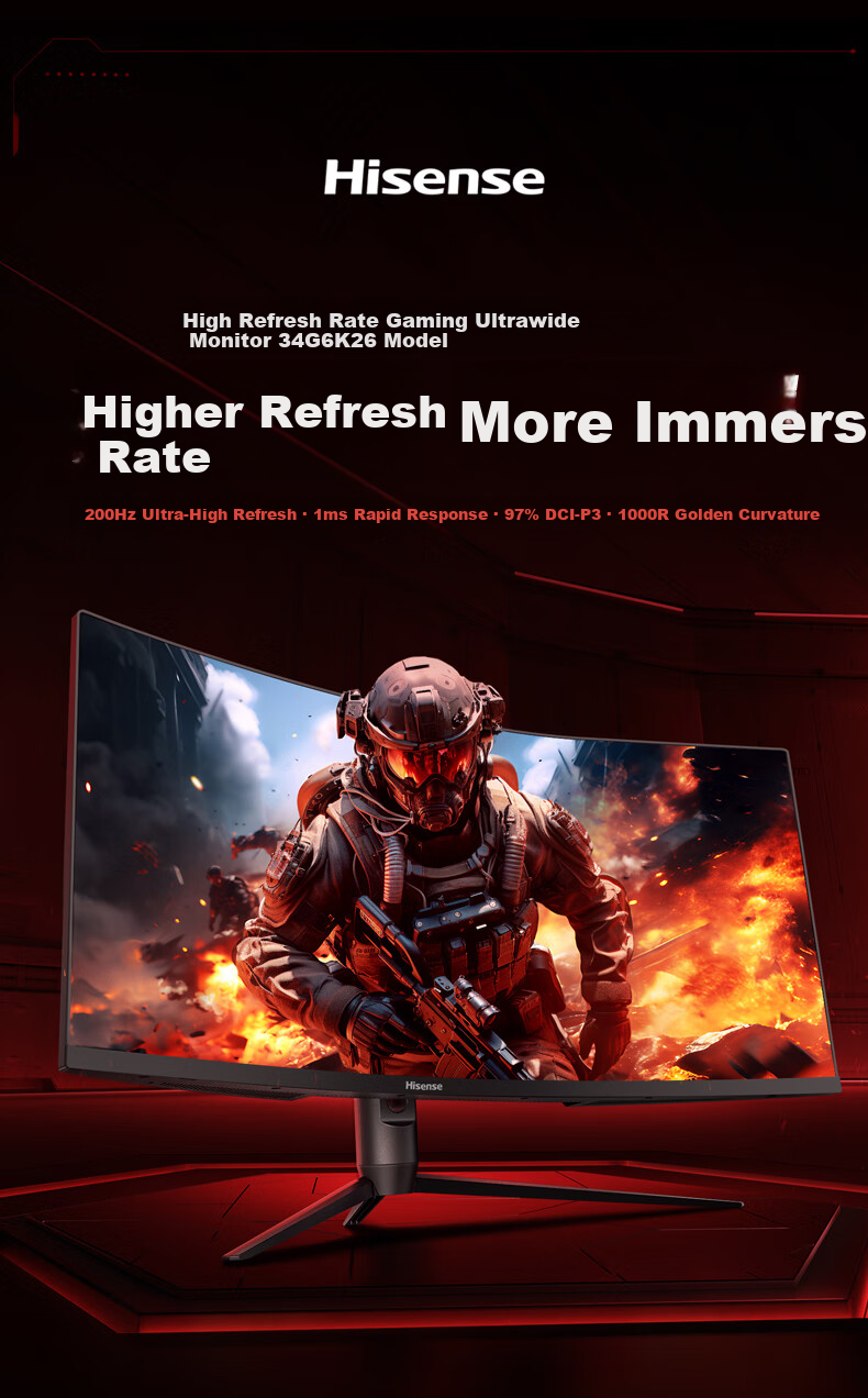 Hisense 34-inch Ultrawide Curved Gaming Monitor 200Hz 1000R Curvature Wide Color Gamut HDR400 WQHD 34G6K 2