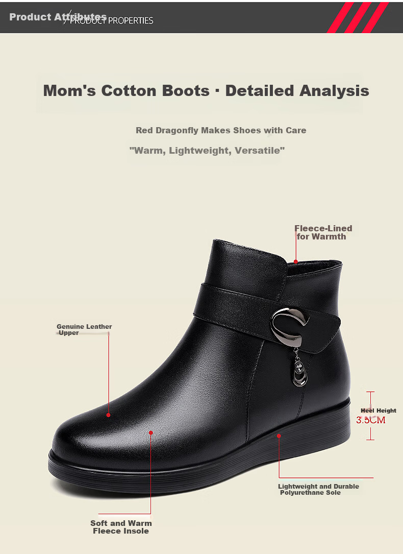 Red Dragonfly Women's Mid-Age Mom Boots Fleece Lined Warm Cotton Boots Soft Cowhide Short Slim Boots WTC433971R 1