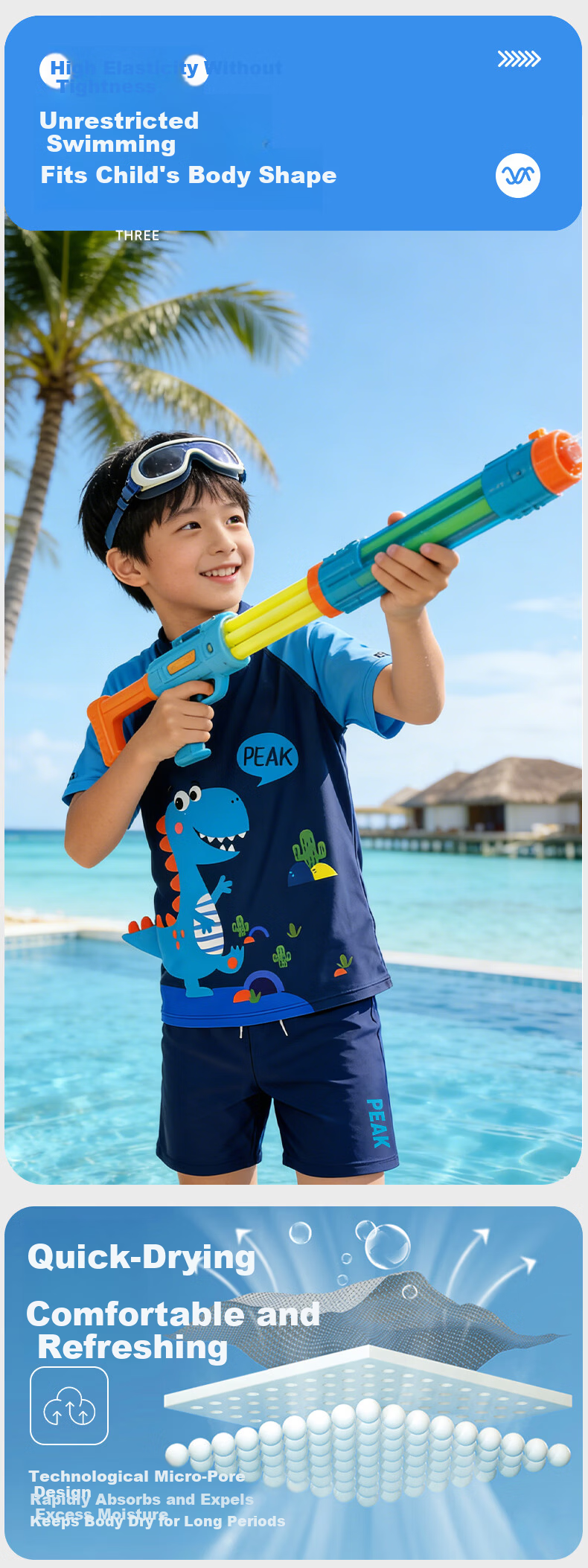 PEAK Children's Two-Piece Swimsuit, Boys' Swimwear, Youth Hot Spring Bathing Suit, Swimming Trunks Set 10