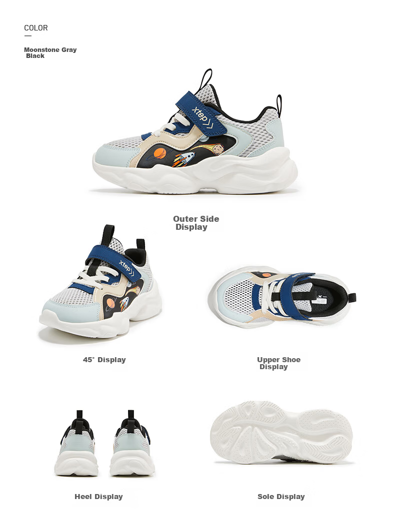 XTEP Kids Mesh Cartoon Element Sports Shoes Non-Slip Sole Boys Casual Shoes Deep Blue/Classic White Size 28 19