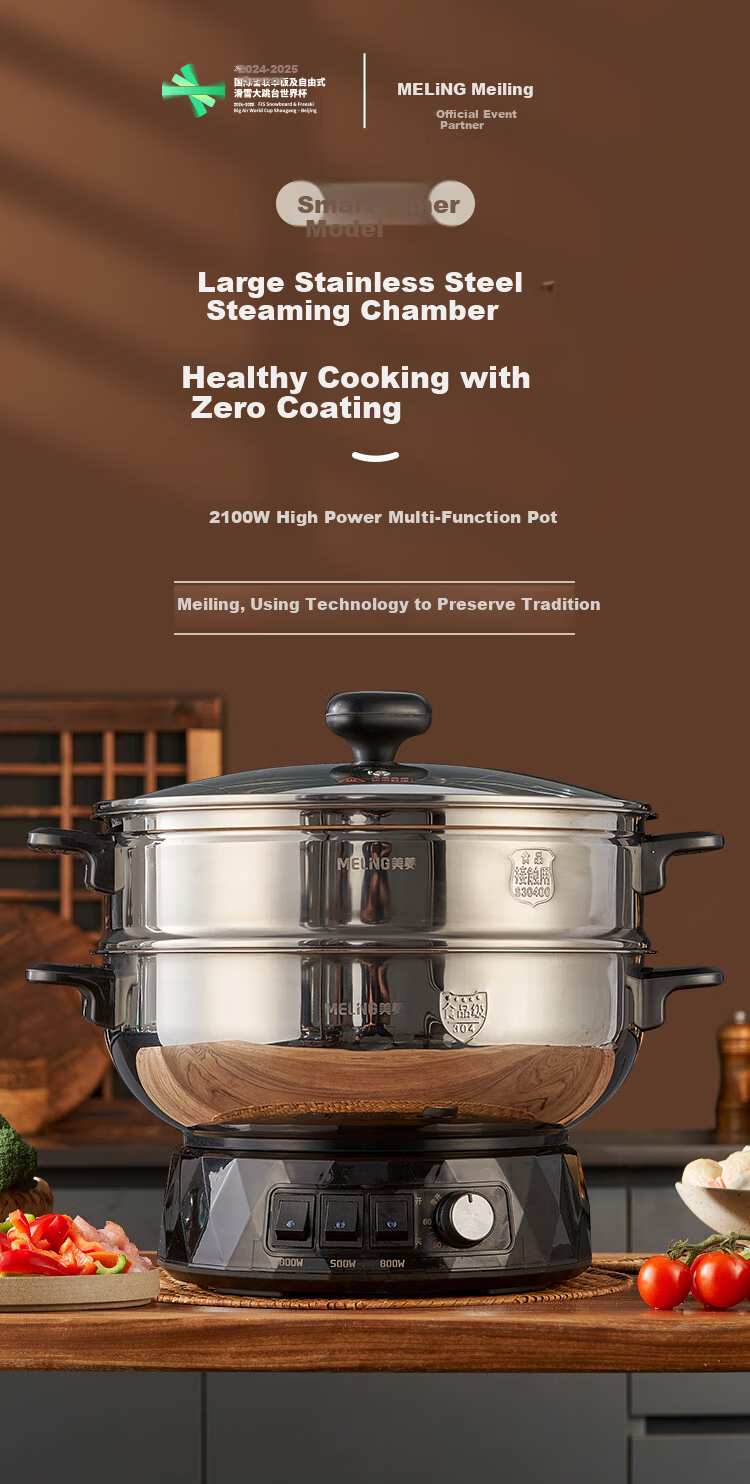 MeiLing Electric Frying Pan New Generation Healthy Large Capacity 304 Stainless Steel Electric Steamer Electric Cooker Stew Steam Cook Non-Stick Multifunctional All-in-One Electric Pot Multi-Purpose E 5