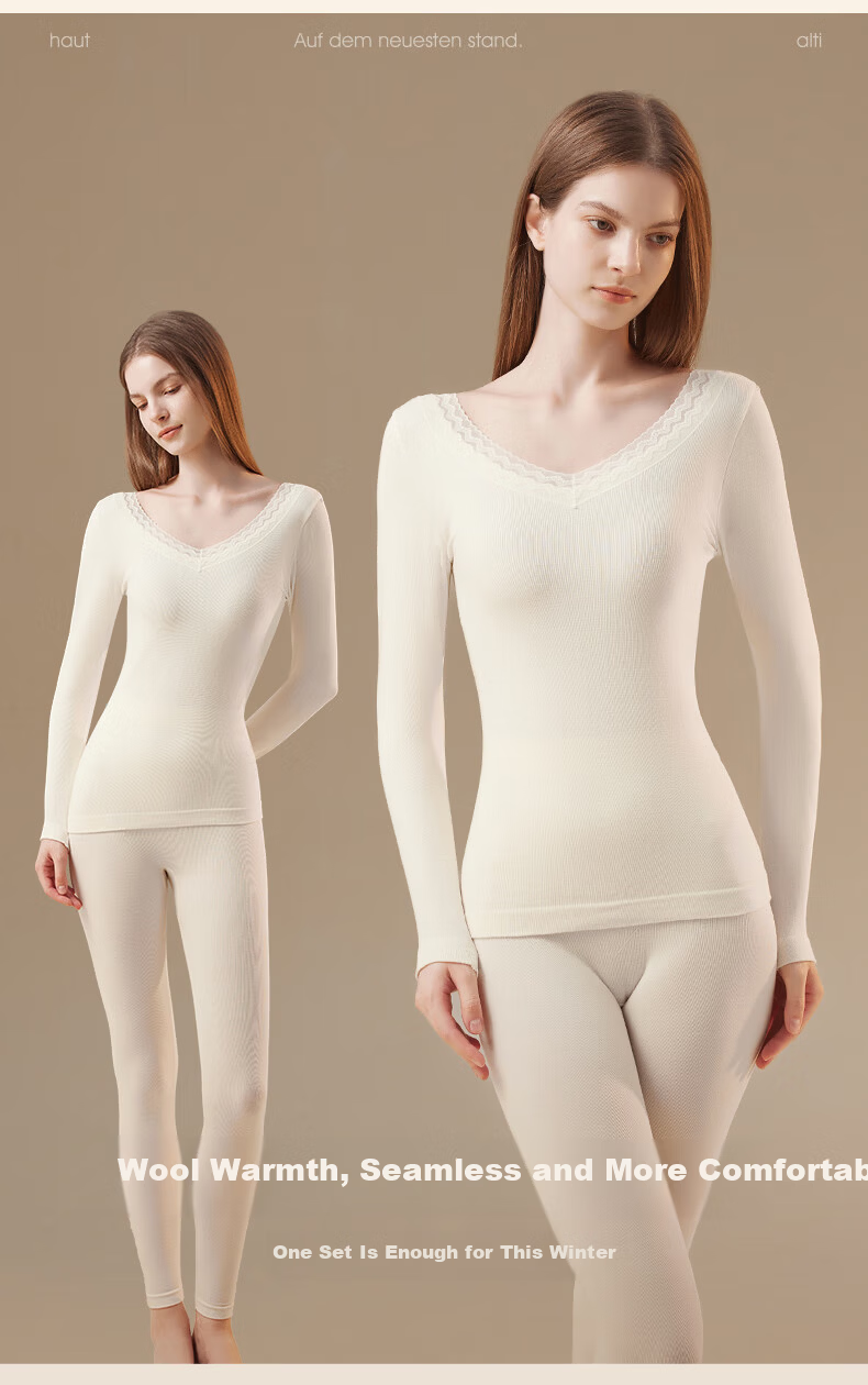 Miiow 2025 New V-Neck Lace Wool Lightweight Shaping Seamless Thermal Underwear Set for Women Slim Fit Autumn Top and Bottom 7