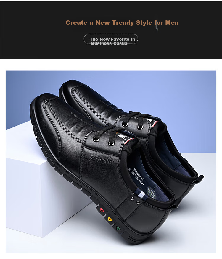 SPIDER KING Men's Korean Style Casual Leather Shoes, Trendy Fashion Lace-up Cowhide Soft Sole, Black, Size 37 12