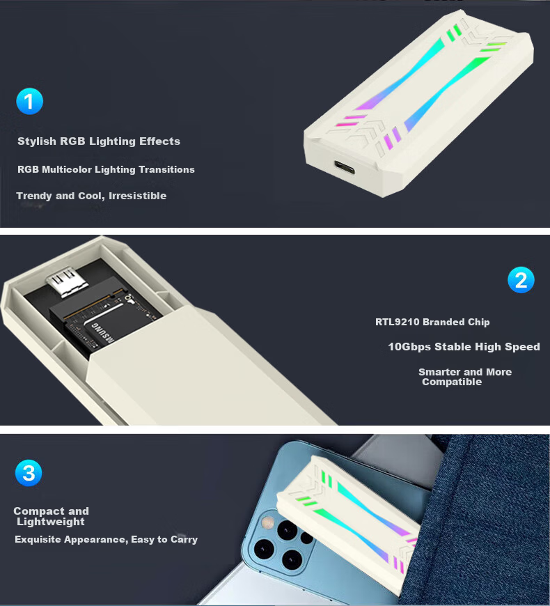 LINSTORAGE M.2 NVMe SSD Enclosure Type-C 3.2 Portable Hard Drive Case Aluminum Alloy RGB Cooling External SSD Case for Laptop and Mobile Phone 5