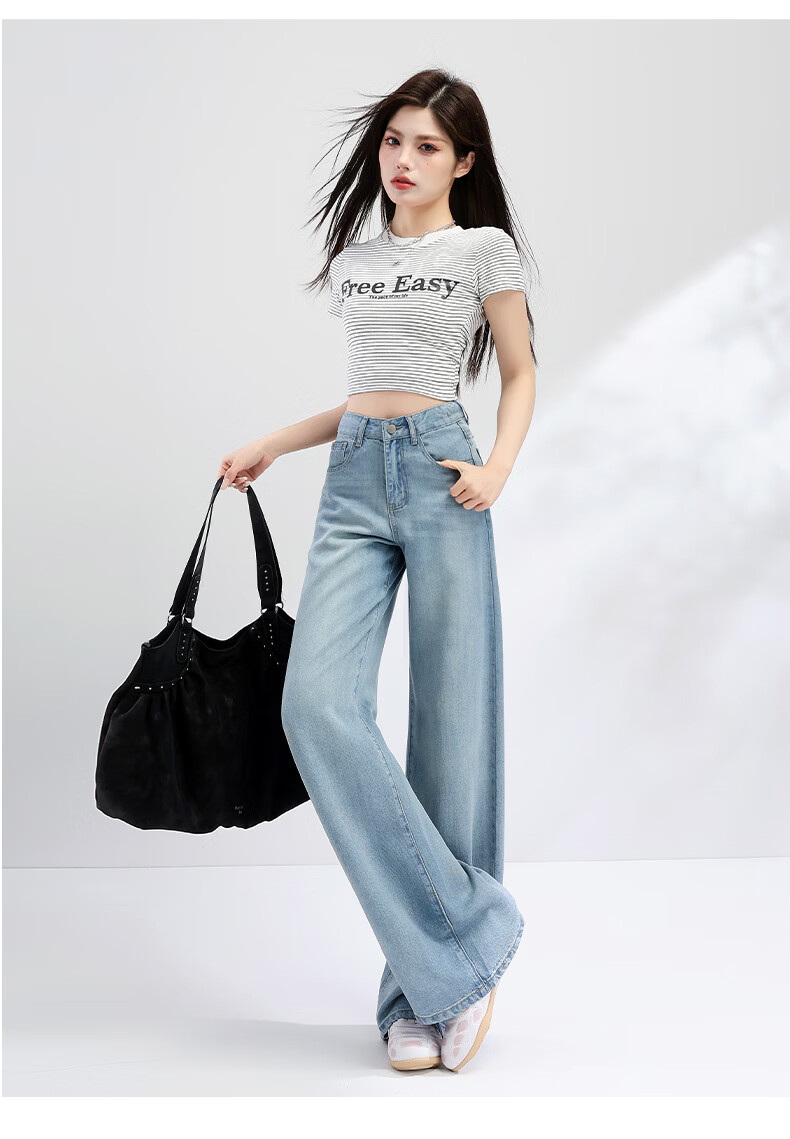 Jeanswest Women's Summer Soft Tencel High-Waist Draped Lyocell Wide-Leg Straight-Leg Retro Blue Tencel Lyocell Pants L 13