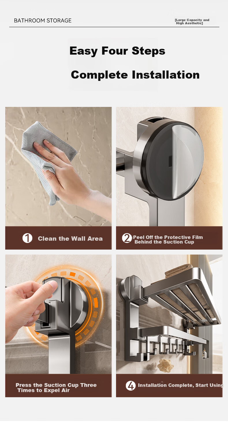 Baihan Suction Cup Towel Rack No Drilling Bathroom Storage Rack Shower Hanging Bathroom Towel Holder Organizer Rack 9