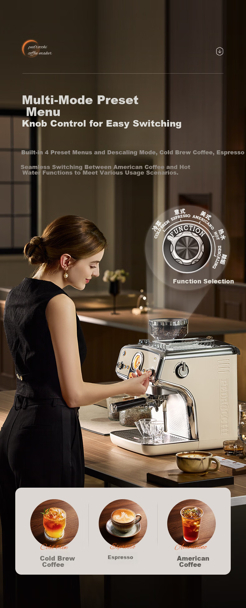 Pedrocchi S60 Ultra Cold Brew Semi-Automatic Espresso Coffee Grinder Machine, Smart Powdering and Tamping, Home and Commercial Use, Milan White 16